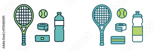 Tennis essentials collection with racket, ball, grip tape, and water bottle for athletic training