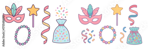 Vibrant festive carnival celebration elements with colorful masks, magic wands, beaded necklaces, and scattered confetti for party decoration