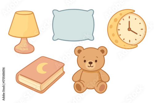 Sweet nursery items for a peaceful night's sleep featuring a cuddly teddy bear, comfortable pillow, glowing lamp, storybook, and crescent moon clock