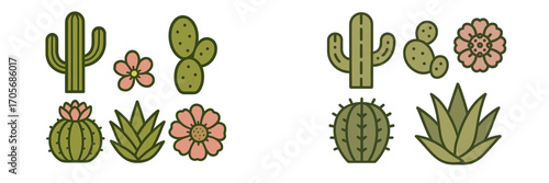 Collection of desert plants with various cacti, succulent plants, and blooming flowers in a stylized flat design