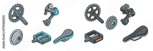 Assortment of bicycle parts and accessories: crankset, derailleur, cassette, pedal, and saddle