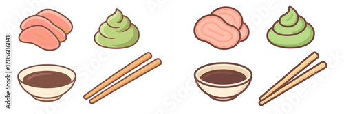 Japanese sushi condiments set with pickled ginger, wasabi paste, soy sauce bowl, and wooden chopsticks