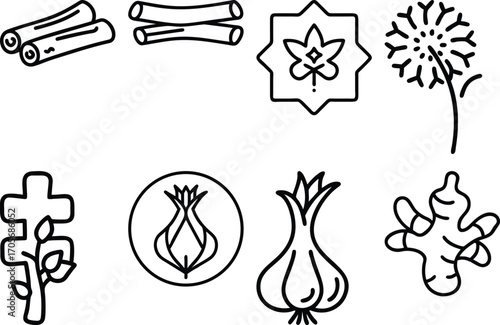 Collection of black line art icons of spices plants and food items cinnamon sticks dried herbs