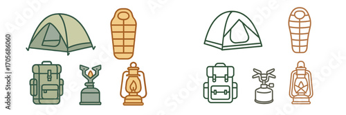 Outdoor camping equipment icons set with tent, sleeping bag, backpack, portable stove, and classic lantern