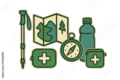 Essential hiking and outdoor adventure gear with map, compass, water bottle, first aid kits, and trekking pole