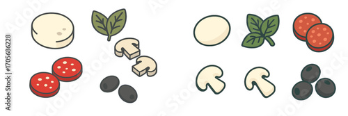 Delicious pizza ingredients set with mozzarella cheese, fresh green basil leaves, sliced mushrooms, spicy pepperoni, and black olives