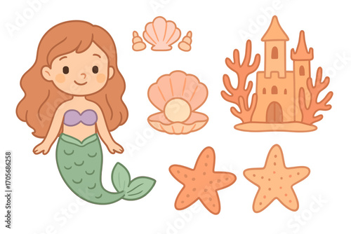 Whimsical mermaid surrounded by diverse underwater elements including seashells, starfish, sandcastle, and coral reef