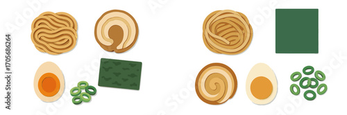 Stylized ramen ingredients set with noodles, egg, narutomaki, seaweed, and green onions on white background