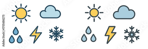Essential weather forecast icons showing sun cloud rain lightning and snowflake for digital and print media