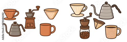 Collection of coffee brewing tools and equipment for pour-over method including drippers, grinders, kettles, and mugs
