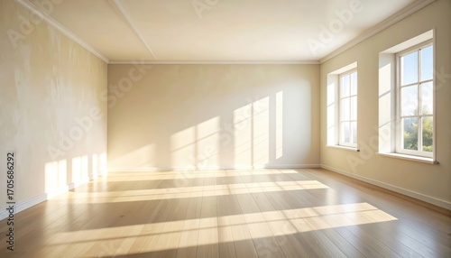 Wallpaper Mural An empty room bathed in sunlight, showcasing pale beige walls, light wooden floors, and multiple large windows. Torontodigital.ca