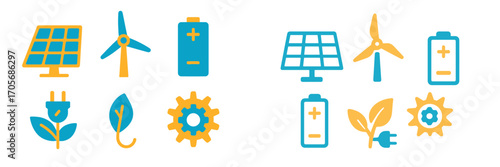 Renewable energy and sustainable technology icons with solar panels, wind turbines, and eco-friendly symbols
