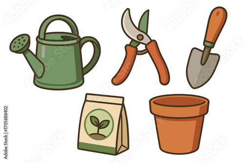Collection of essential gardening tools and supplies including watering can, pruning shears, trowel, seeds, and pot