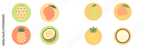 Vibrant collection of tropical and exotic fruit icons featuring pineapple, mango, peach, and coconut halves