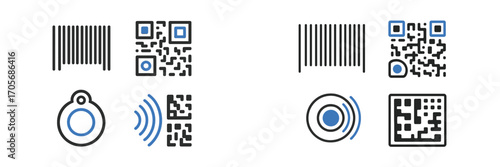 Modern identification and data scanning codes with wireless technology symbols including barcodes, QR codes, and NFC tags