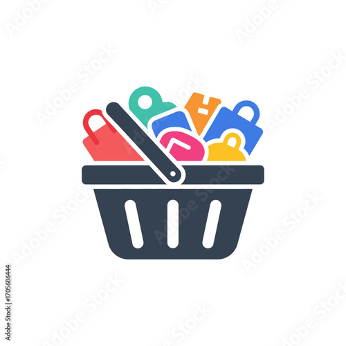 Shopping basket filled with colorful shopping bags representing consumerism and retail.