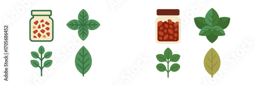 Assortment of dried spices in glass jars and fresh green herb leaves, essential ingredients for cooking and seasoning