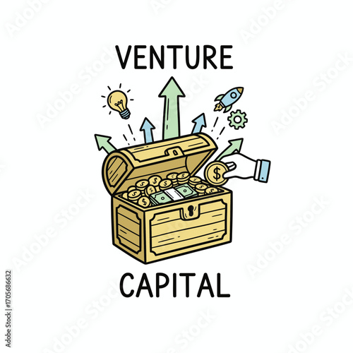 A treasure chest filled with money and investment symbols, illustrating venture capital.