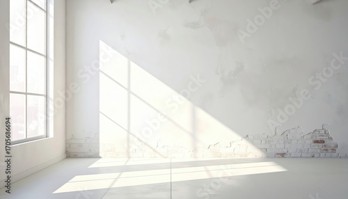 A sun-drenched, minimalist interior space, showcasing a large window and shadows cast on a whitewashed wall with exposed brick.