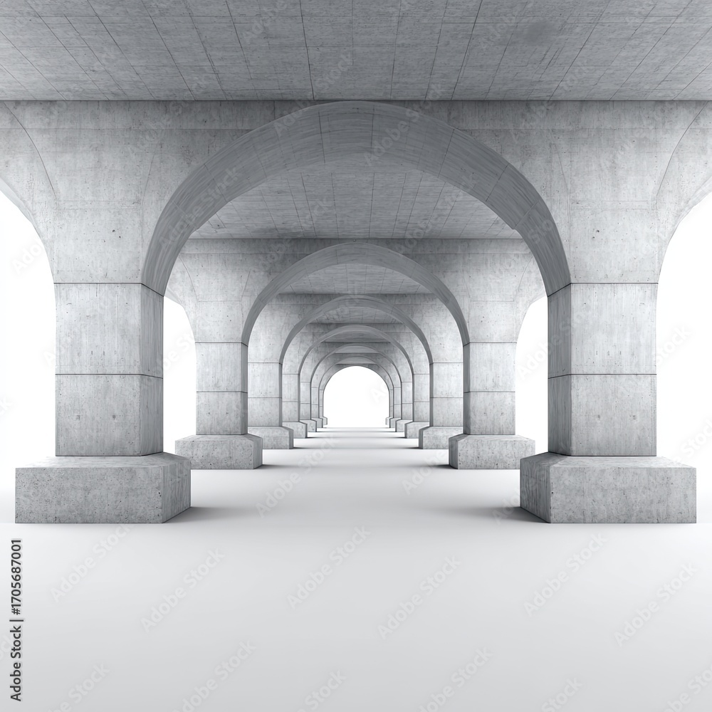 Fototapeta premium Perspective view of a long, arched concrete passageway