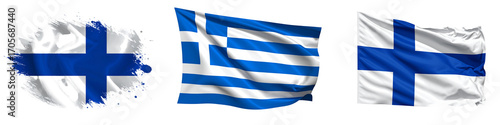 Three flags of finland and greece isolated on transparent background