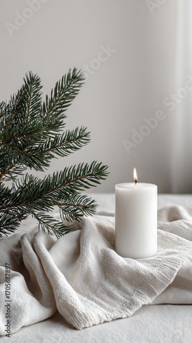 A candle is lit on a white cloth next to a pine tree