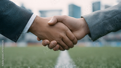 On the edge of a football field, two business professionals in business attire shake hands, symbolizing a partnership or sponsorship deal related to the sports industry.