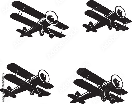 Four Black Silhouette Biplane Icons on White Background Keywords: biplane, airplane, aircraft