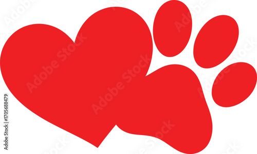 Red Heart and Paw Print Symbol on White Background Keywords: love, heart, paw, print, dog, cat, pet