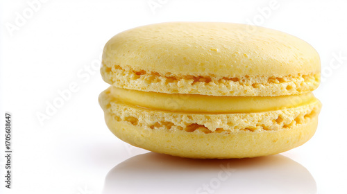 Yellow lemon macaron with cream filling isolated on white background, delicate French pastry dessert with smooth shell and ruffled feet, gourmet sweet treat confection, elegant bakery cookie 