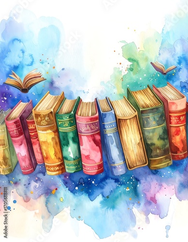 Watercolor books arranged in a row with a background of colorful splatter