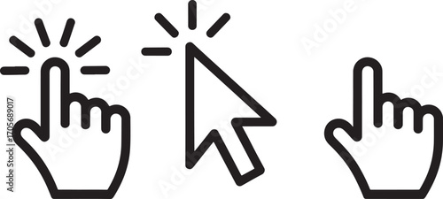 Three icons of hand cursor and pointer on white background click select