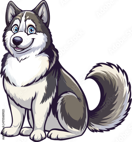 Cartoon husky dog sitting with blue eyes and fluffy tail