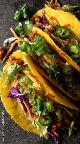 Colorful Mexican tacos with seasoned ground beef lettuce purple cabbage cheese and cilantro in yellow corn tortilla shells, authentic street food meal on dark slate surface, fresh homemade taco 
