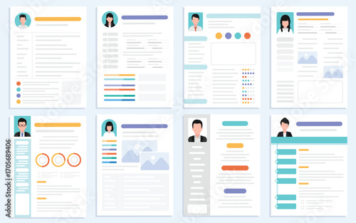 Set of CV documents resume in different styles, Flat design paper sheet.