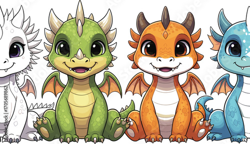 baby dragon, cartoon creature, cute vector, fantasy animal, dragon lineup, colorful character, child illustration, sitting pose, winged dragon, smiling face, dragon art, vector cartoon, friendly monst