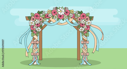 Wedding arch decorated with flowers and ribbons for ceremony.