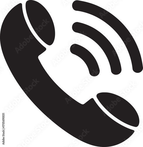 Black telephone handset icon with radiating signal waves call communication