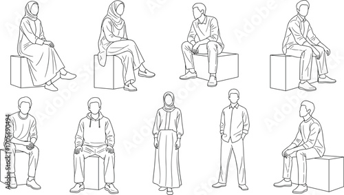 Black and white line art of modestly dressed women in seated and standing poses, fashion and posture reference for design use