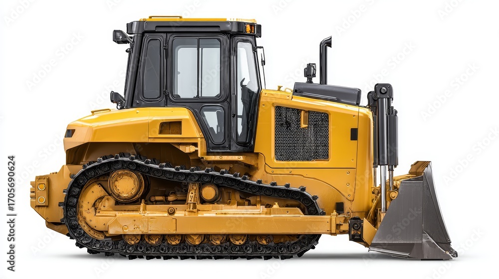 Fototapeta premium Construction machine loader works on site bulldozer with treads industrial environment side profile view for efficiency