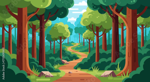A winding dirt path through a vibrant green forest with tall trees.