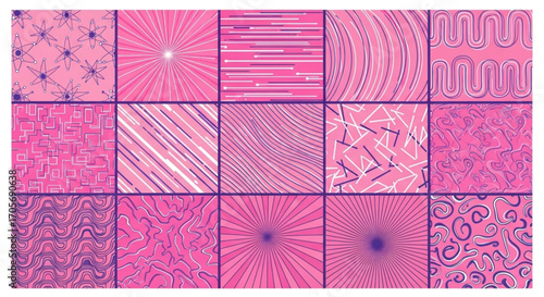 Set of Hand-Drawn Retro Futuristic Textures in Pink Color - Vector