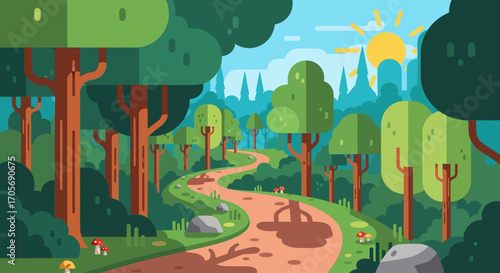 A winding forest path through lush green trees under a bright sun.