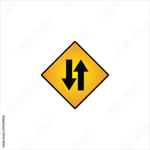 Vector illustration of a two-way traffic road sign in yellow diamond shape with black up and down arrows. Used to warn drivers of two-way traffic ahead on highways and streets. Simple and clear traffi