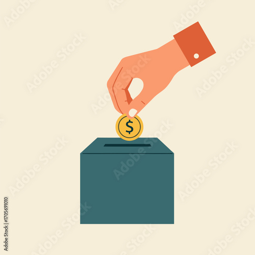 Hand putting a coin with dollar sign into a donation box. Charity and giving concept.