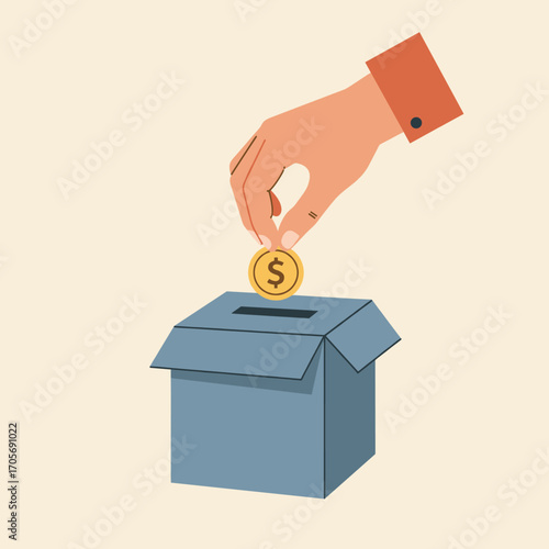 Hand puts coin in donation box. Concept of charity, investment and finance. Vector illustration.