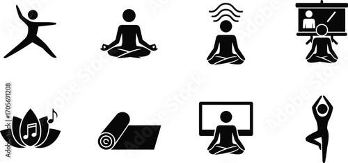 Black and white yoga and meditation icons set, mindfulness poses, virtual practice, wellness symbols, minimal vector for calm lifestyle