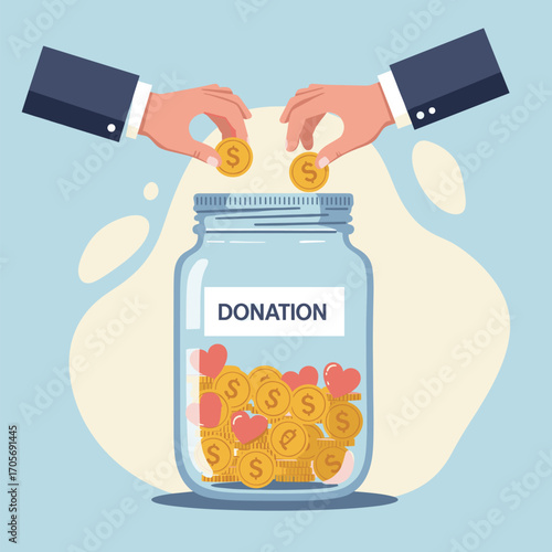 Hands putting coins into a donation jar with hearts. Concept for charity and fundraising.