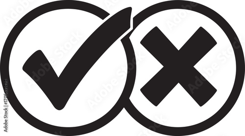 Black check mark and cross symbols inside circles correct incorrect