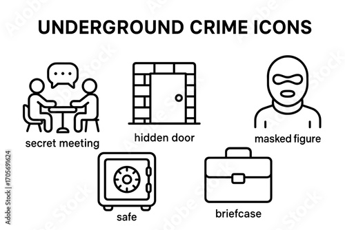 Underground Crime Icons Set – Secret Meeting, Masked Figure, Safe, Hidden Door, Briefcase Symbols